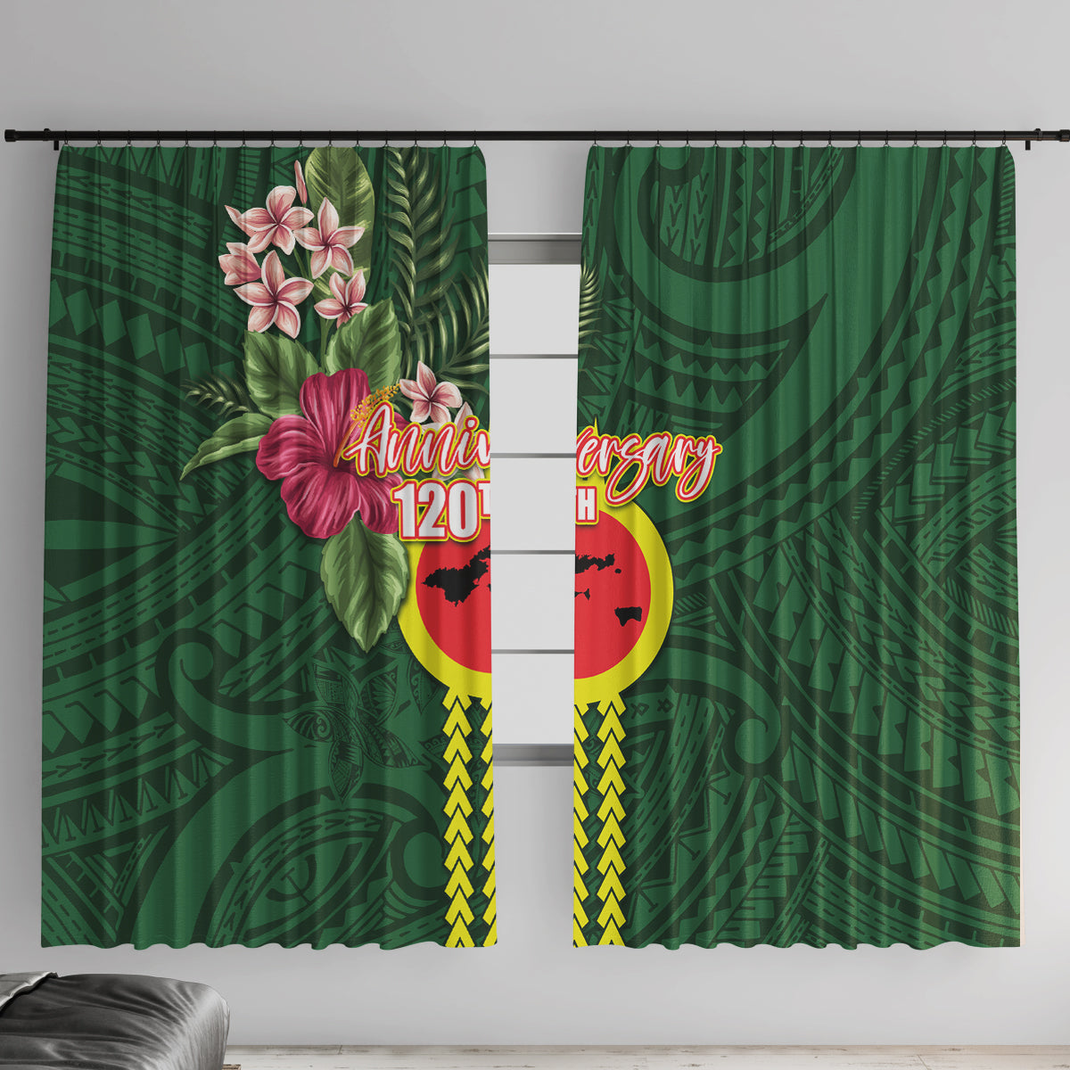 Manu'a Cession Day 120th Anniversary Window Curtain Polynesian Pattern and Hibiscus Flower LT03 With Hooks Green - Polynesian Pride