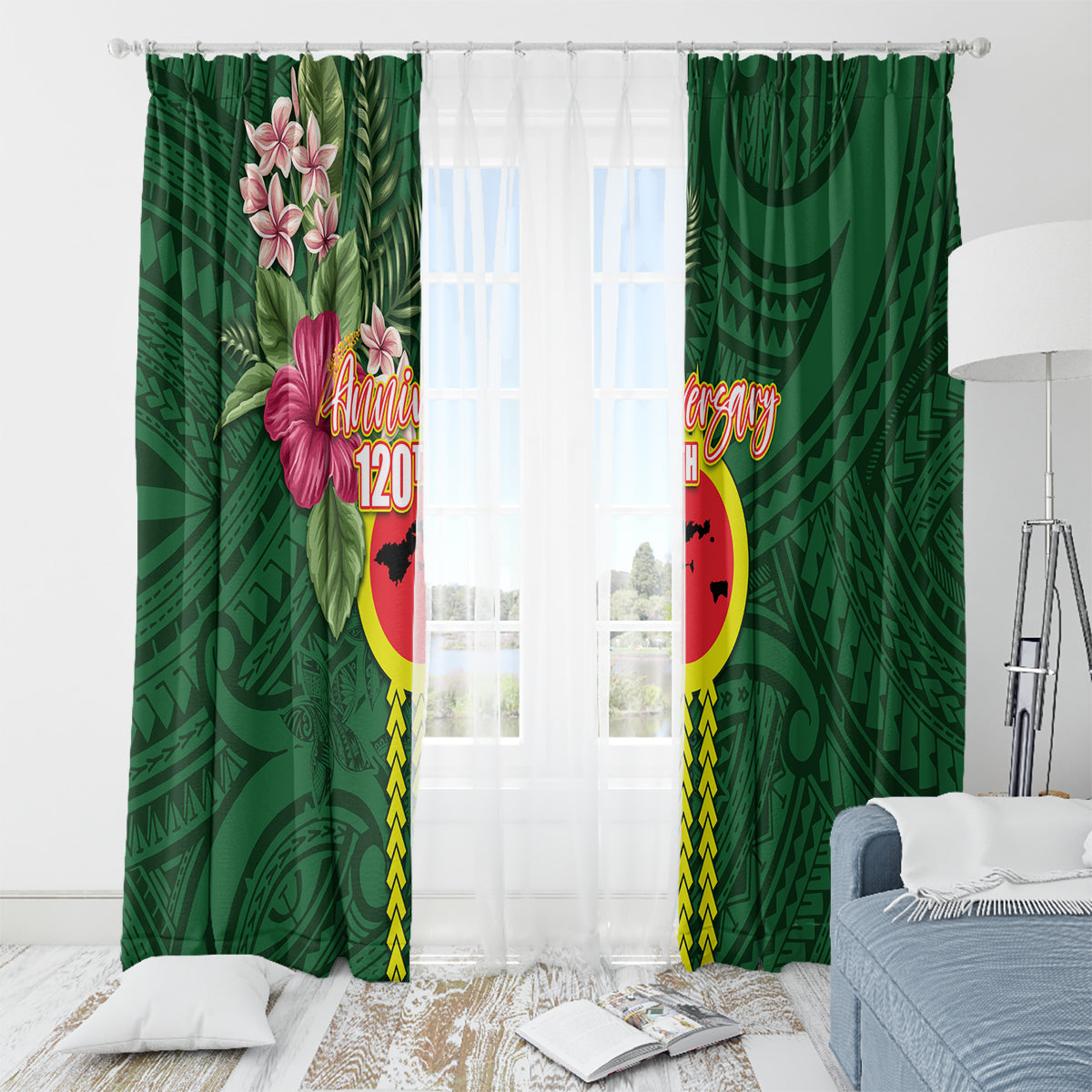 Manu'a Cession Day 120th Anniversary Window Curtain Polynesian Pattern and Hibiscus Flower LT03 - Polynesian Pride