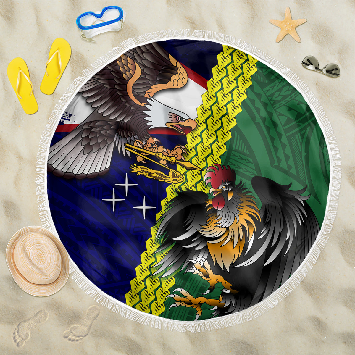 Manu'a Island and American Samoa Beach Blanket Rooster and Eagle Mascot LT03 One Size 150cm Green - Polynesian Pride