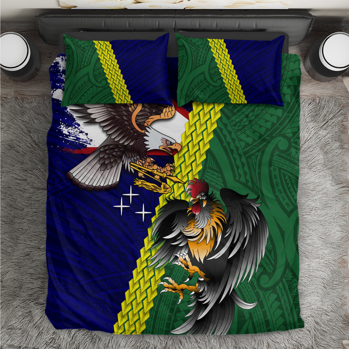 Manu'a Island and American Samoa Bedding Set Rooster and Eagle Mascot LT03 Green - Polynesian Pride