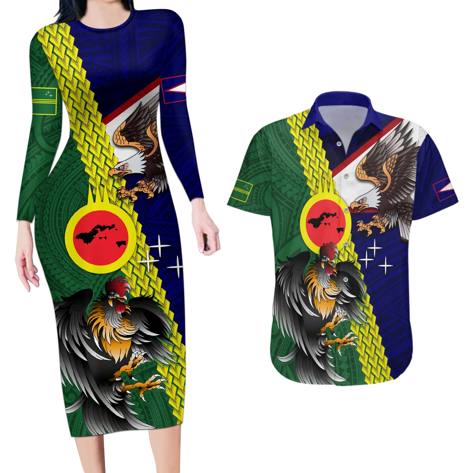 Manu'a Island and American Samoa Couples Matching Long Sleeve Bodycon Dress and Hawaiian Shirt Rooster and Eagle Mascot LT03 Green - Polynesian Pride