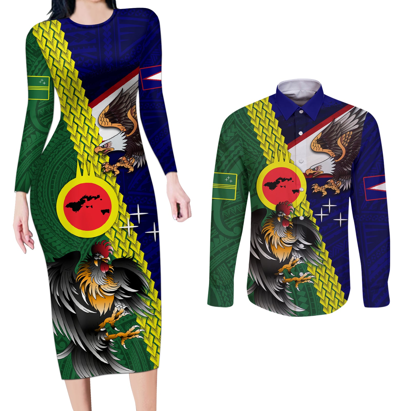 Manu'a Island and American Samoa Couples Matching Long Sleeve Bodycon Dress and Long Sleeve Button Shirt Rooster and Eagle Mascot LT03 Green - Polynesian Pride