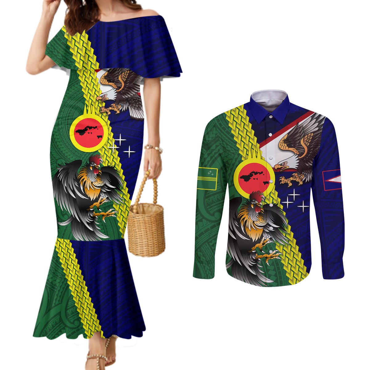 Manu'a Island and American Samoa Couples Matching Mermaid Dress and Long Sleeve Button Shirt Rooster and Eagle Mascot LT03 Green - Polynesian Pride