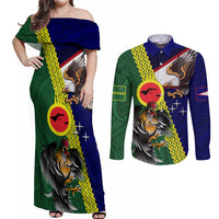 Manu'a Island and American Samoa Couples Matching Off Shoulder Maxi Dress and Long Sleeve Button Shirt Rooster and Eagle Mascot LT03 Green - Polynesian Pride
