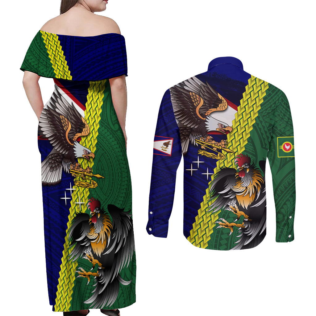 Manu'a Island and American Samoa Couples Matching Off Shoulder Maxi Dress and Long Sleeve Button Shirt Rooster and Eagle Mascot LT03 - Polynesian Pride