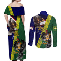 Manu'a Island and American Samoa Couples Matching Off Shoulder Maxi Dress and Long Sleeve Button Shirt Rooster and Eagle Mascot LT03 - Polynesian Pride