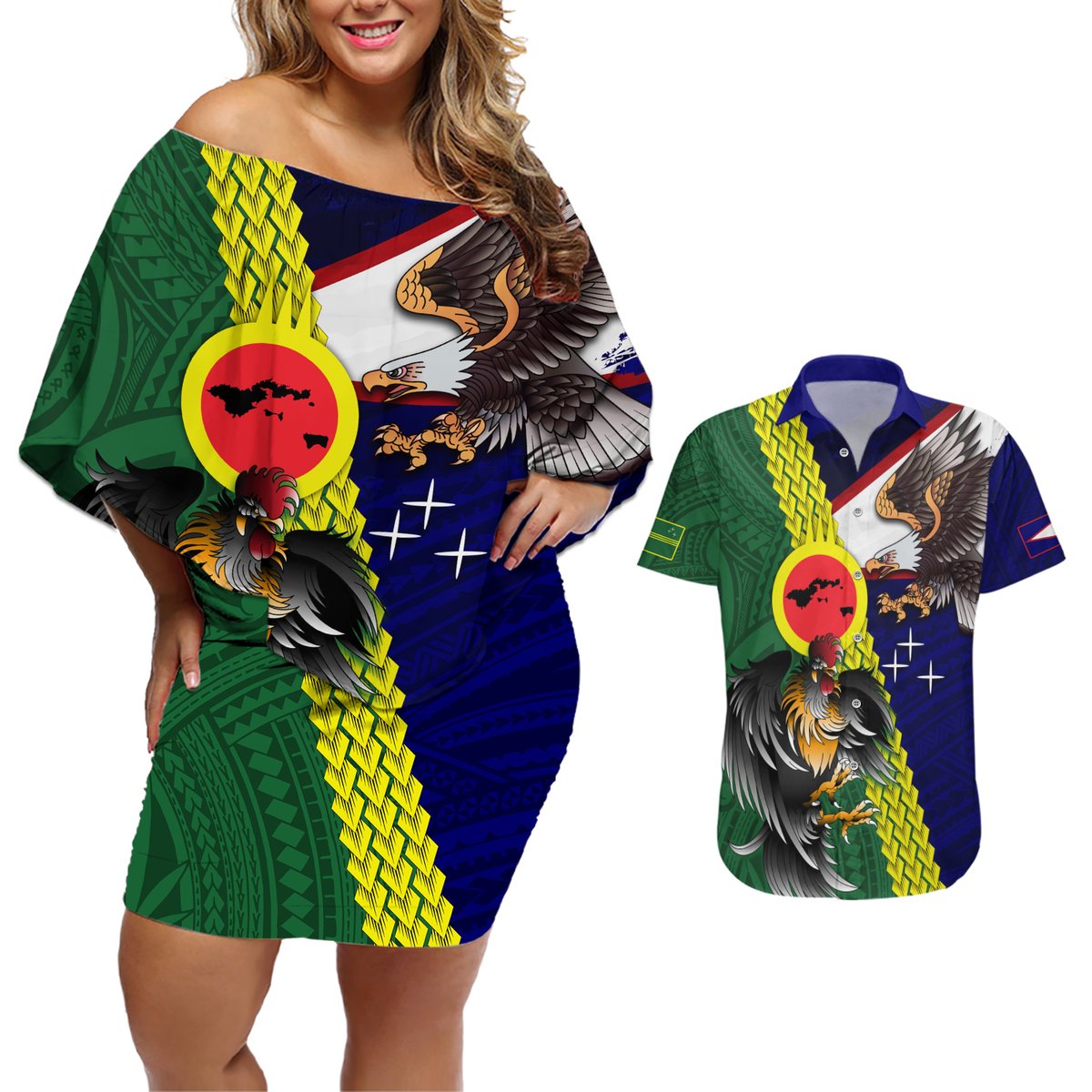 Manu'a Island and American Samoa Couples Matching Off Shoulder Short Dress and Hawaiian Shirt Rooster and Eagle Mascot LT03 Green - Polynesian Pride