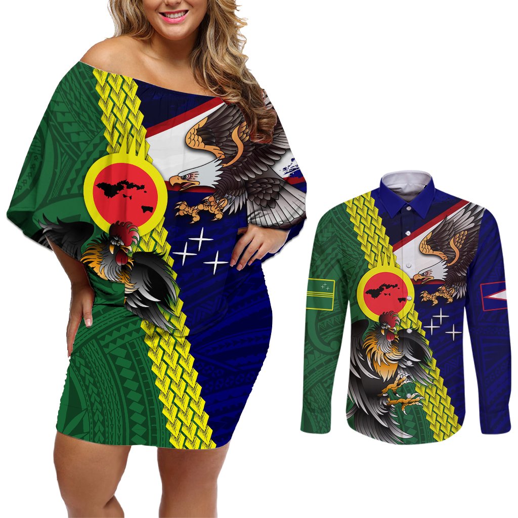 Manu'a Island and American Samoa Couples Matching Off Shoulder Short Dress and Long Sleeve Button Shirt Rooster and Eagle Mascot LT03 Green - Polynesian Pride