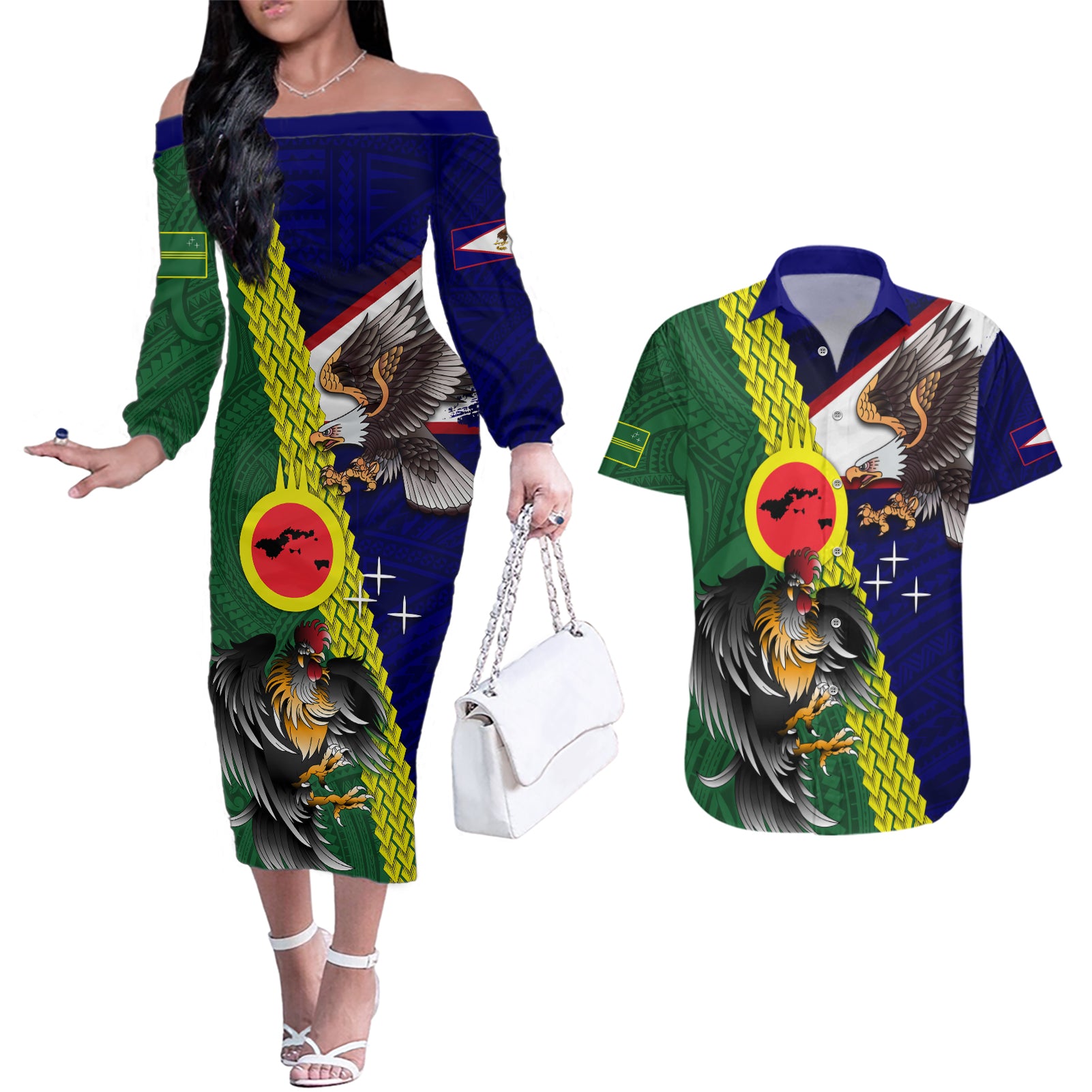 Manu'a Island and American Samoa Couples Matching Off The Shoulder Long Sleeve Dress and Hawaiian Shirt Rooster and Eagle Mascot