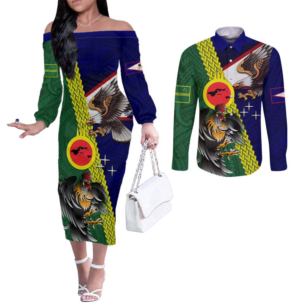 Manu'a Island and American Samoa Couples Matching Off The Shoulder Long Sleeve Dress and Long Sleeve Button Shirt Rooster and Eagle Mascot