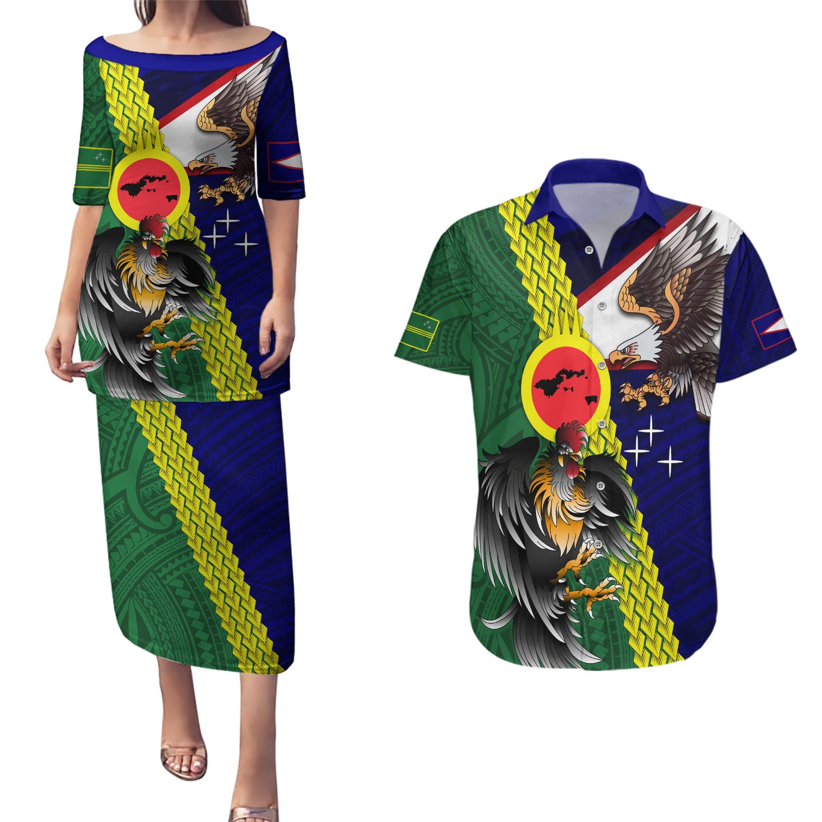 Manu'a Island and American Samoa Couples Matching Puletasi and Hawaiian Shirt Rooster and Eagle Mascot LT03 Green - Polynesian Pride