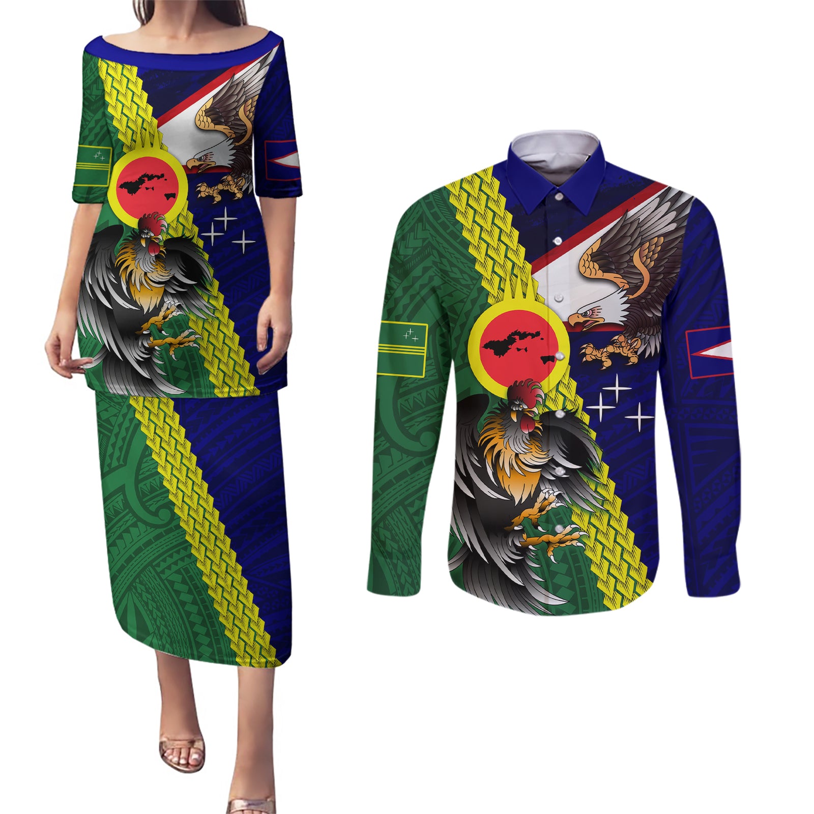 Manu'a Island and American Samoa Couples Matching Puletasi and Long Sleeve Button Shirt Rooster and Eagle Mascot LT03 Green - Polynesian Pride