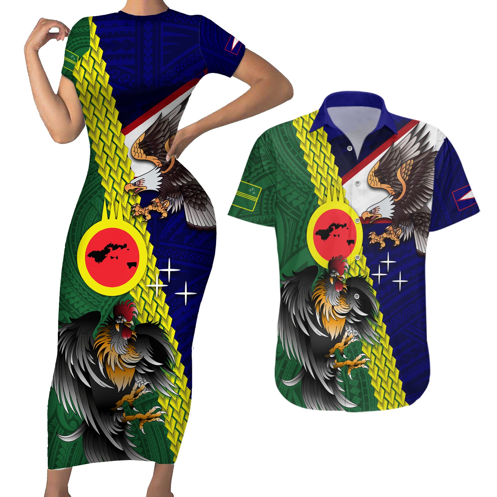 Manu'a Island and American Samoa Couples Matching Short Sleeve Bodycon Dress and Hawaiian Shirt Rooster and Eagle Mascot LT03 Green - Polynesian Pride