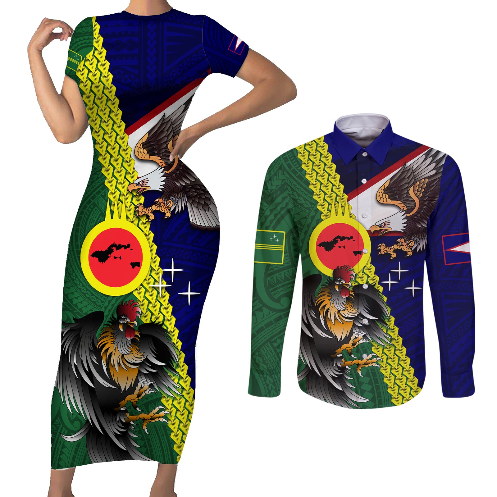 Manu'a Island and American Samoa Couples Matching Short Sleeve Bodycon Dress and Long Sleeve Button Shirt Rooster and Eagle Mascot LT03 Green - Polynesian Pride