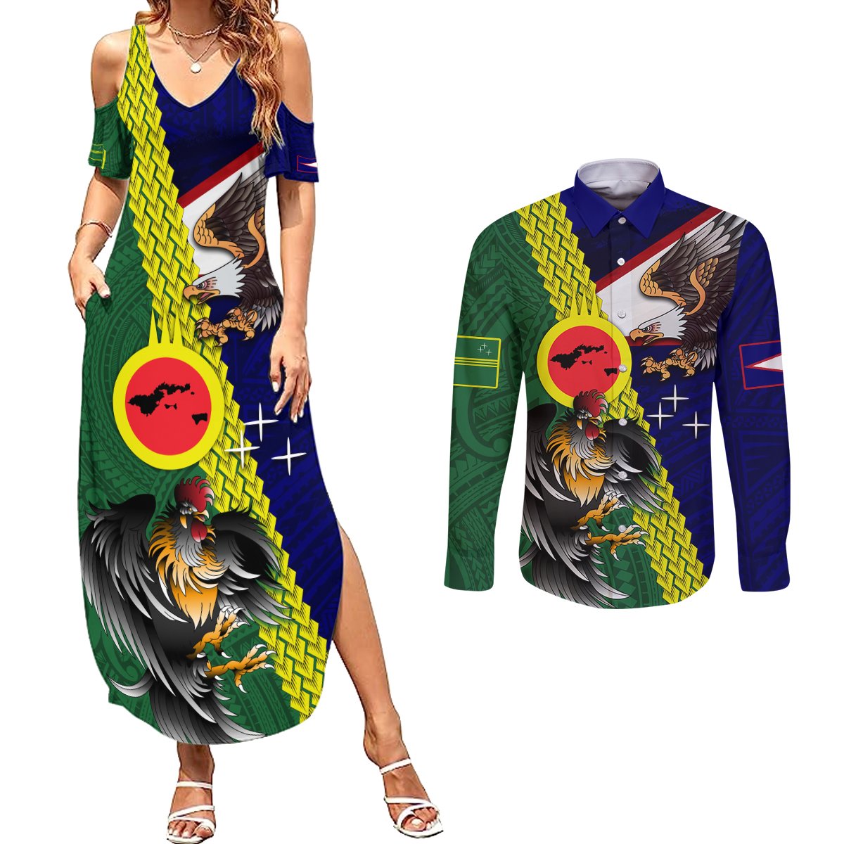 Manu'a Island and American Samoa Couples Matching Summer Maxi Dress and Long Sleeve Button Shirt Rooster and Eagle Mascot LT03 Green - Polynesian Pride
