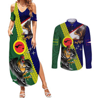 Manu'a Island and American Samoa Couples Matching Summer Maxi Dress and Long Sleeve Button Shirt Rooster and Eagle Mascot LT03 Green - Polynesian Pride