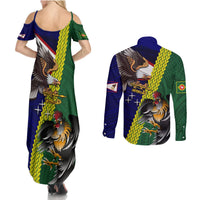 Manu'a Island and American Samoa Couples Matching Summer Maxi Dress and Long Sleeve Button Shirt Rooster and Eagle Mascot LT03 - Polynesian Pride
