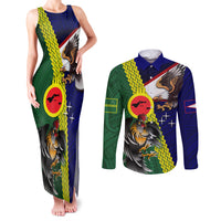 Manu'a Island and American Samoa Couples Matching Tank Maxi Dress and Long Sleeve Button Shirt Rooster and Eagle Mascot LT03 Green - Polynesian Pride