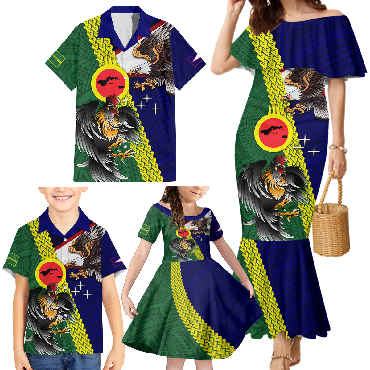 Manu'a Island and American Samoa Family Matching Mermaid Dress and Hawaiian Shirt Rooster and Eagle Mascot