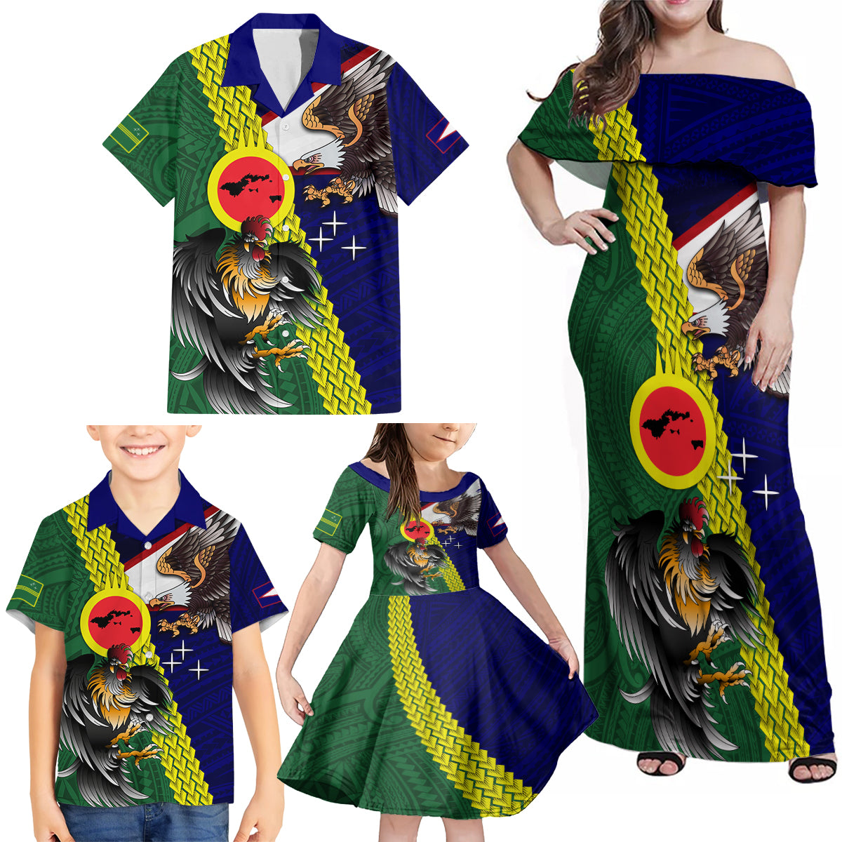 Manu'a Island and American Samoa Family Matching Off Shoulder Maxi Dress and Hawaiian Shirt Rooster and Eagle Mascot