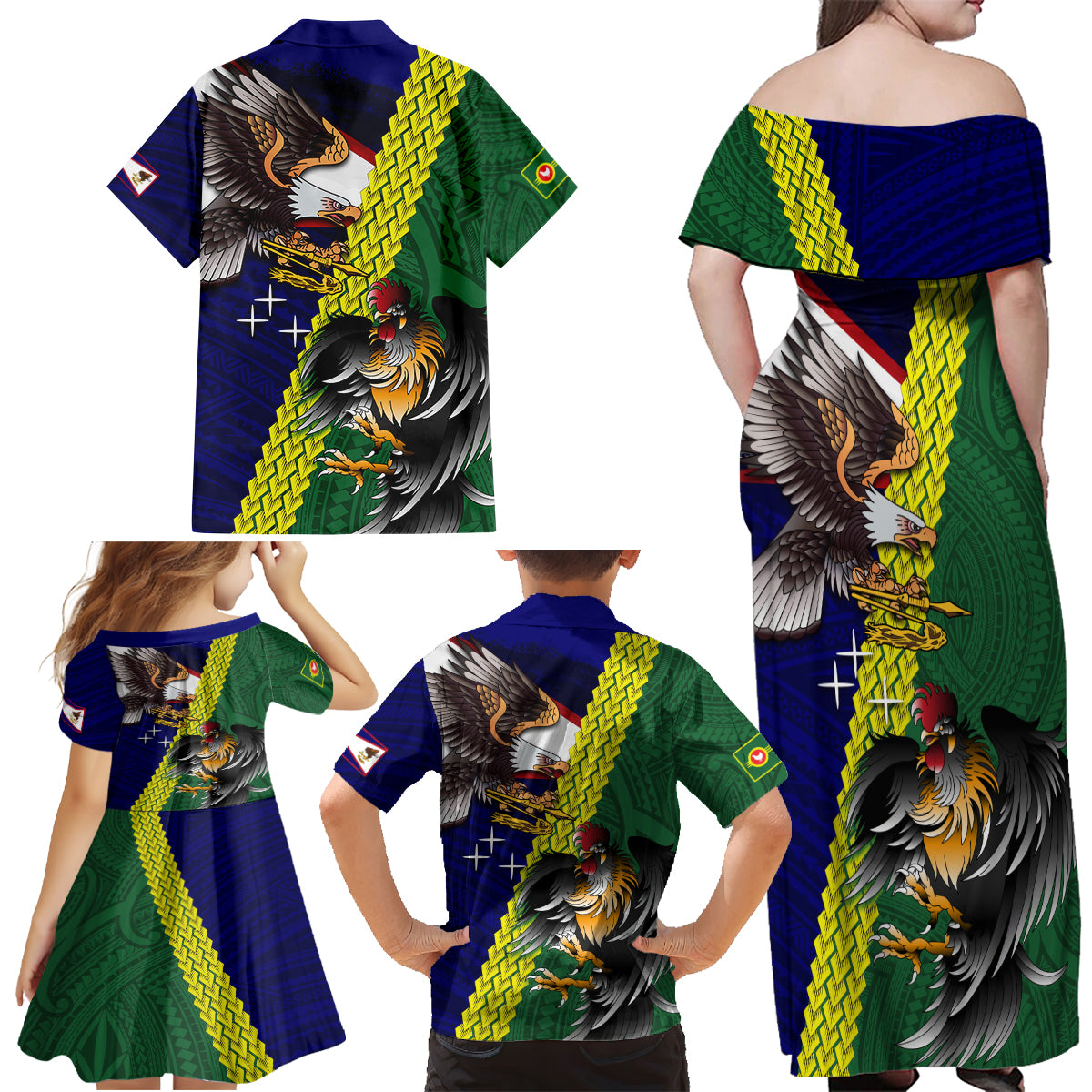 Manu'a Island and American Samoa Family Matching Off Shoulder Maxi Dress and Hawaiian Shirt Rooster and Eagle Mascot