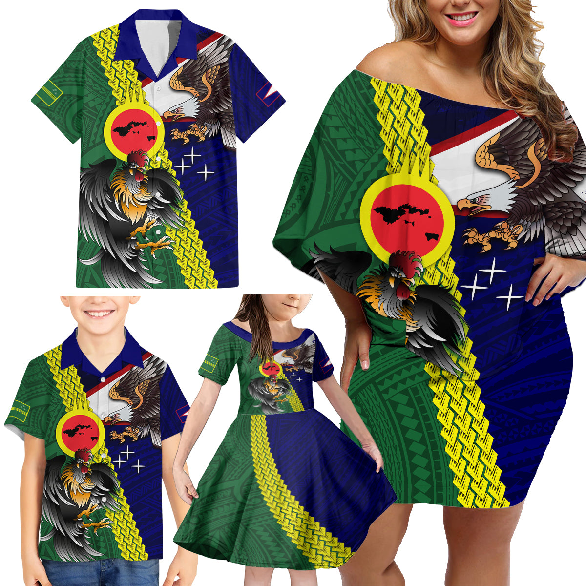 Manu'a Island and American Samoa Family Matching Off Shoulder Short Dress and Hawaiian Shirt Rooster and Eagle Mascot