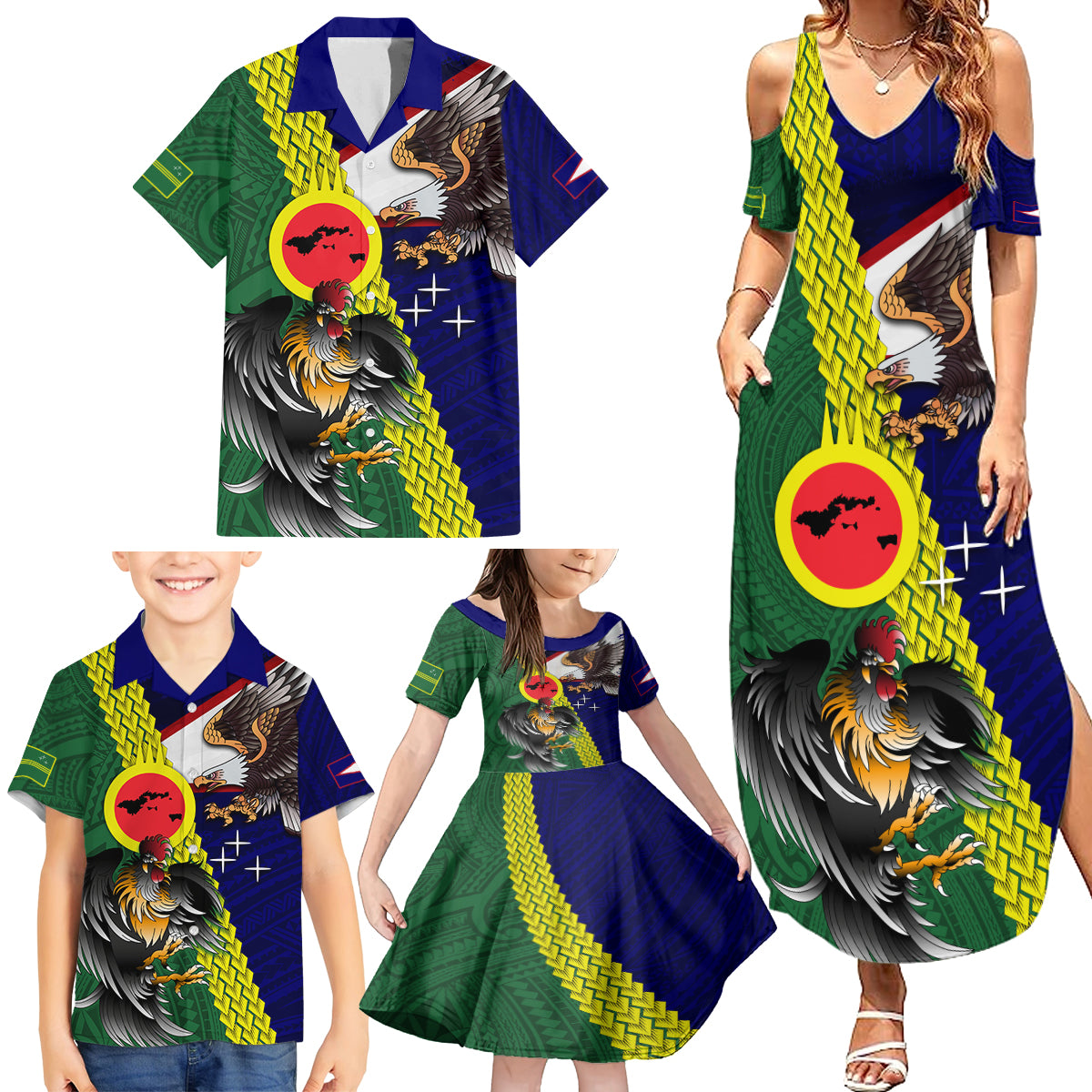 Manu'a Island and American Samoa Family Matching Summer Maxi Dress and Hawaiian Shirt Rooster and Eagle Mascot