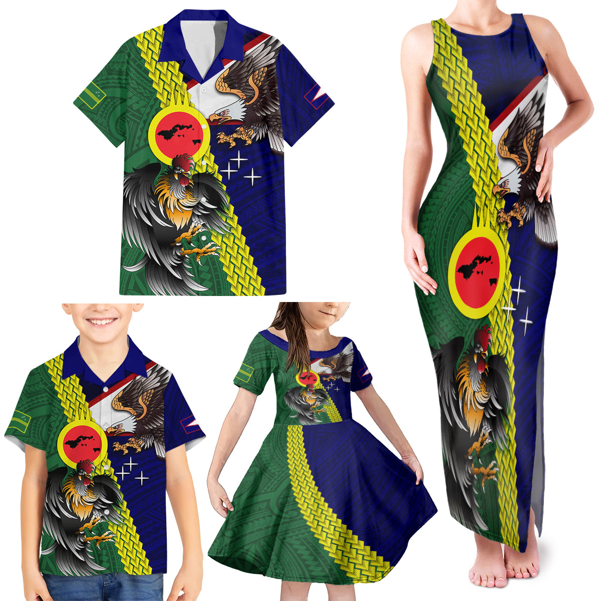 Manu'a Island and American Samoa Family Matching Tank Maxi Dress and Hawaiian Shirt Rooster and Eagle Mascot