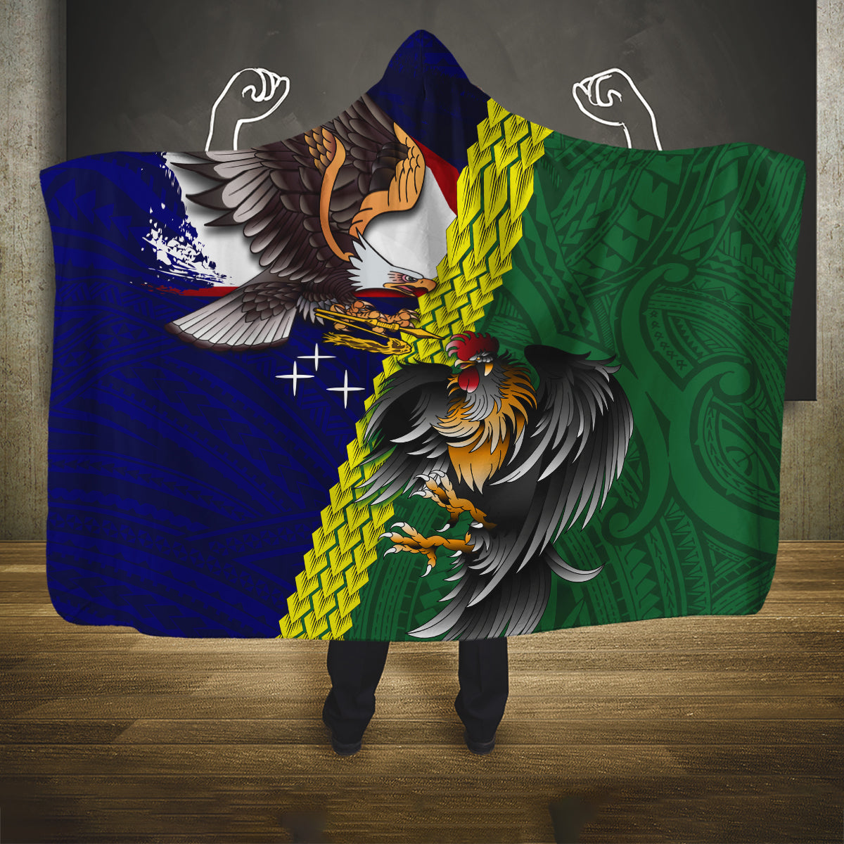Manu'a Island and American Samoa Hooded Blanket Rooster and Eagle Mascot LT03 One Size Green - Polynesian Pride