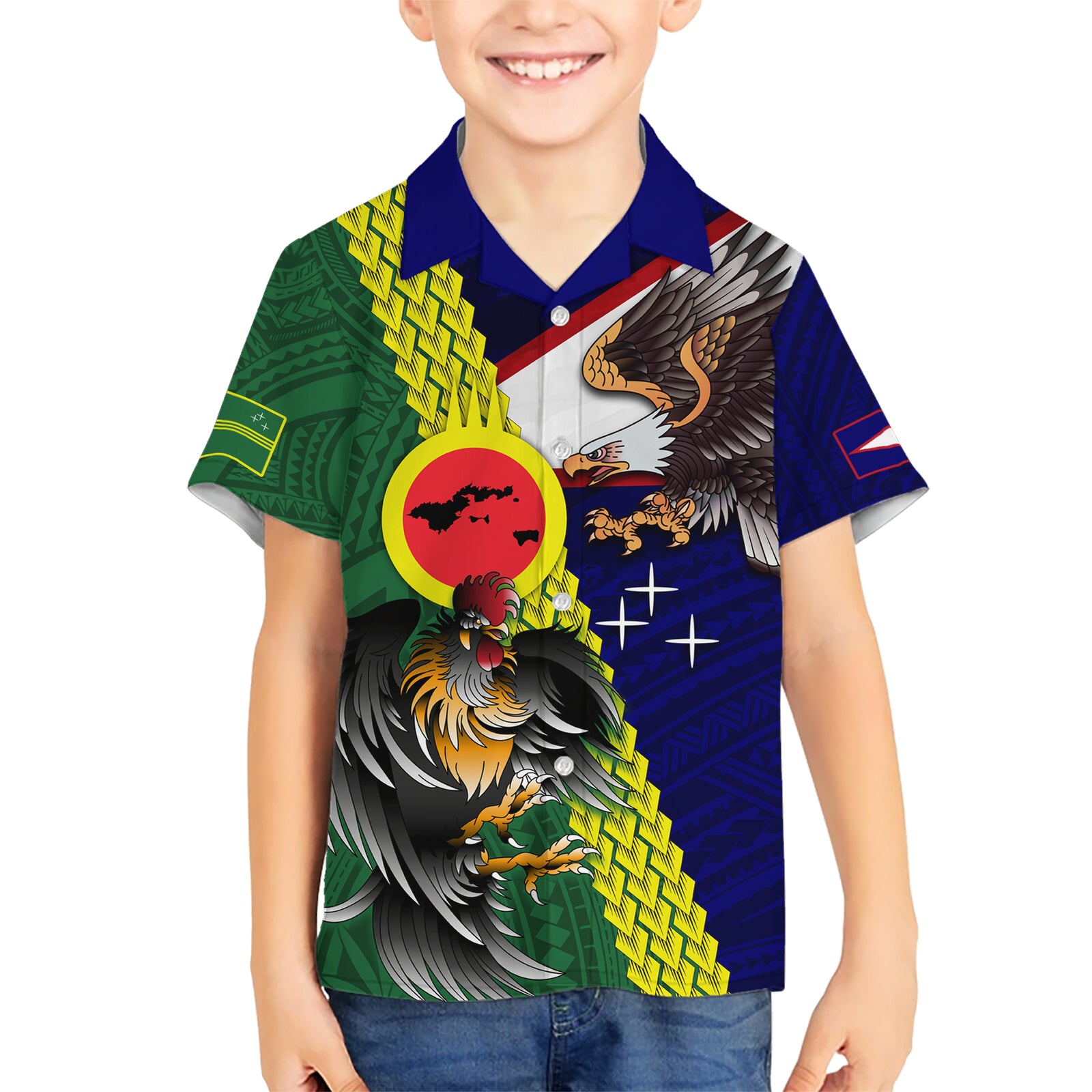 Manu'a Island and American Samoa Kid Hawaiian Shirt Rooster and Eagle Mascot LT03 Kid Green - Polynesian Pride