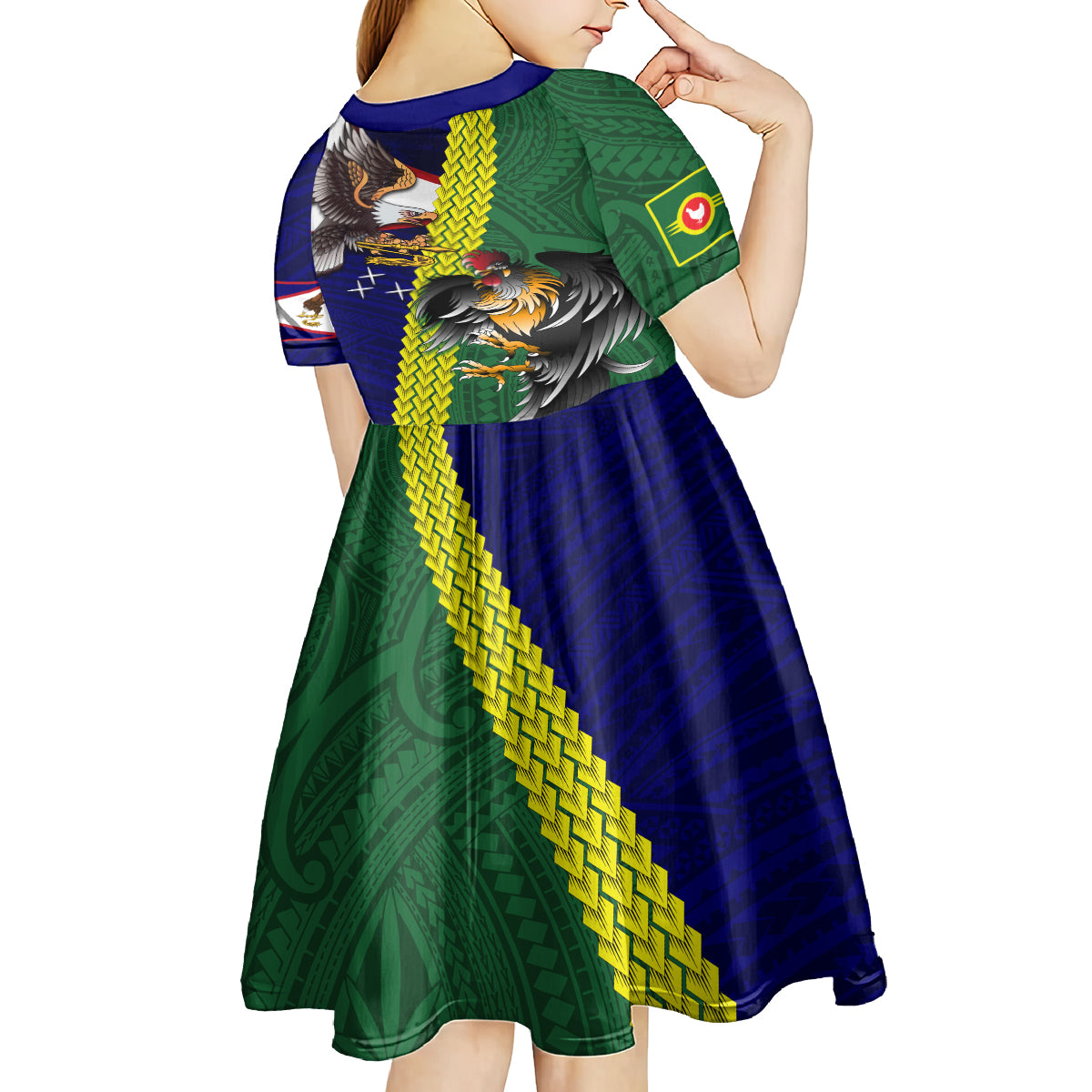 Manu'a Island and American Samoa Kid Short Sleeve Dress Rooster and Eagle Mascot LT03 - Polynesian Pride