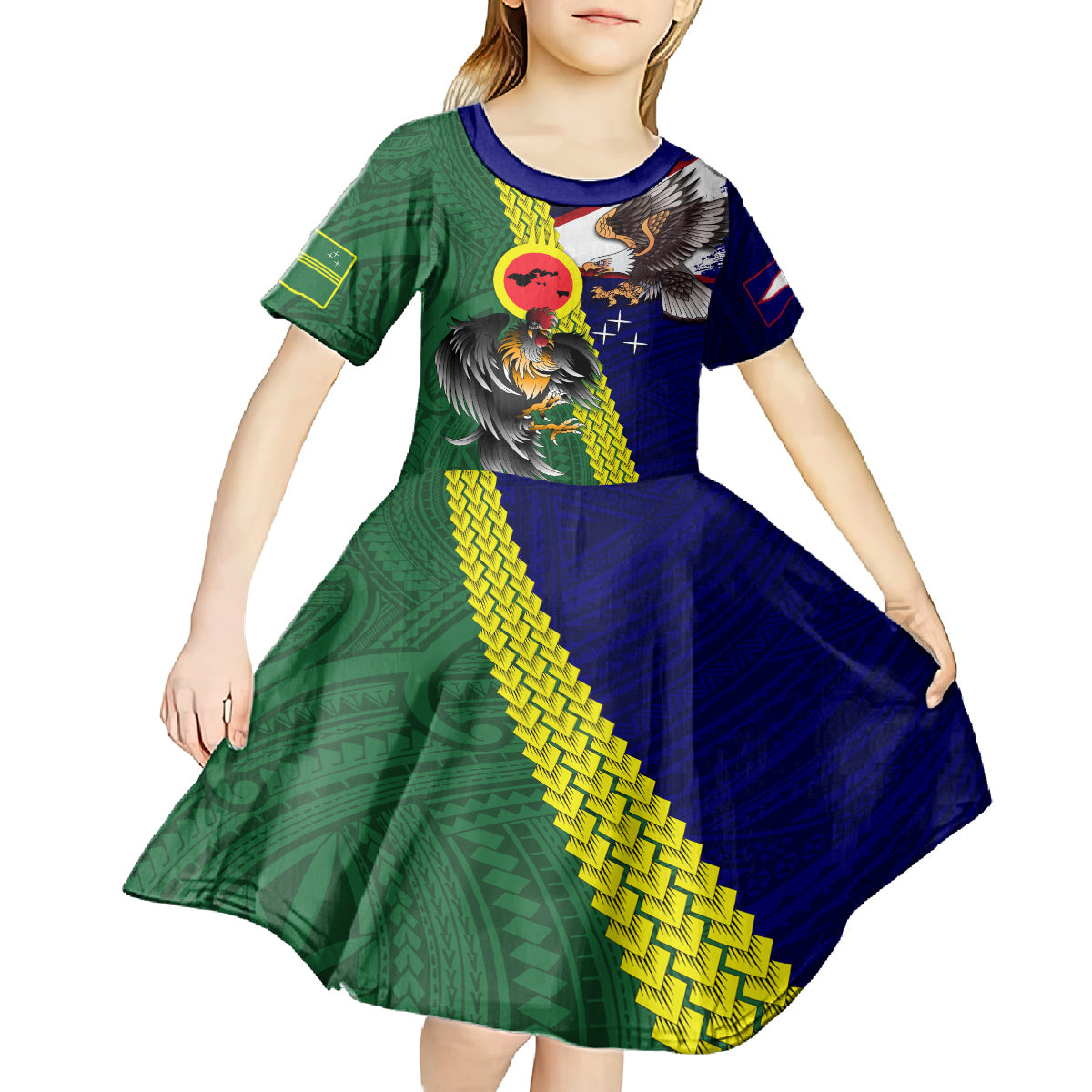 Manu'a Island and American Samoa Kid Short Sleeve Dress Rooster and Eagle Mascot LT03 - Polynesian Pride