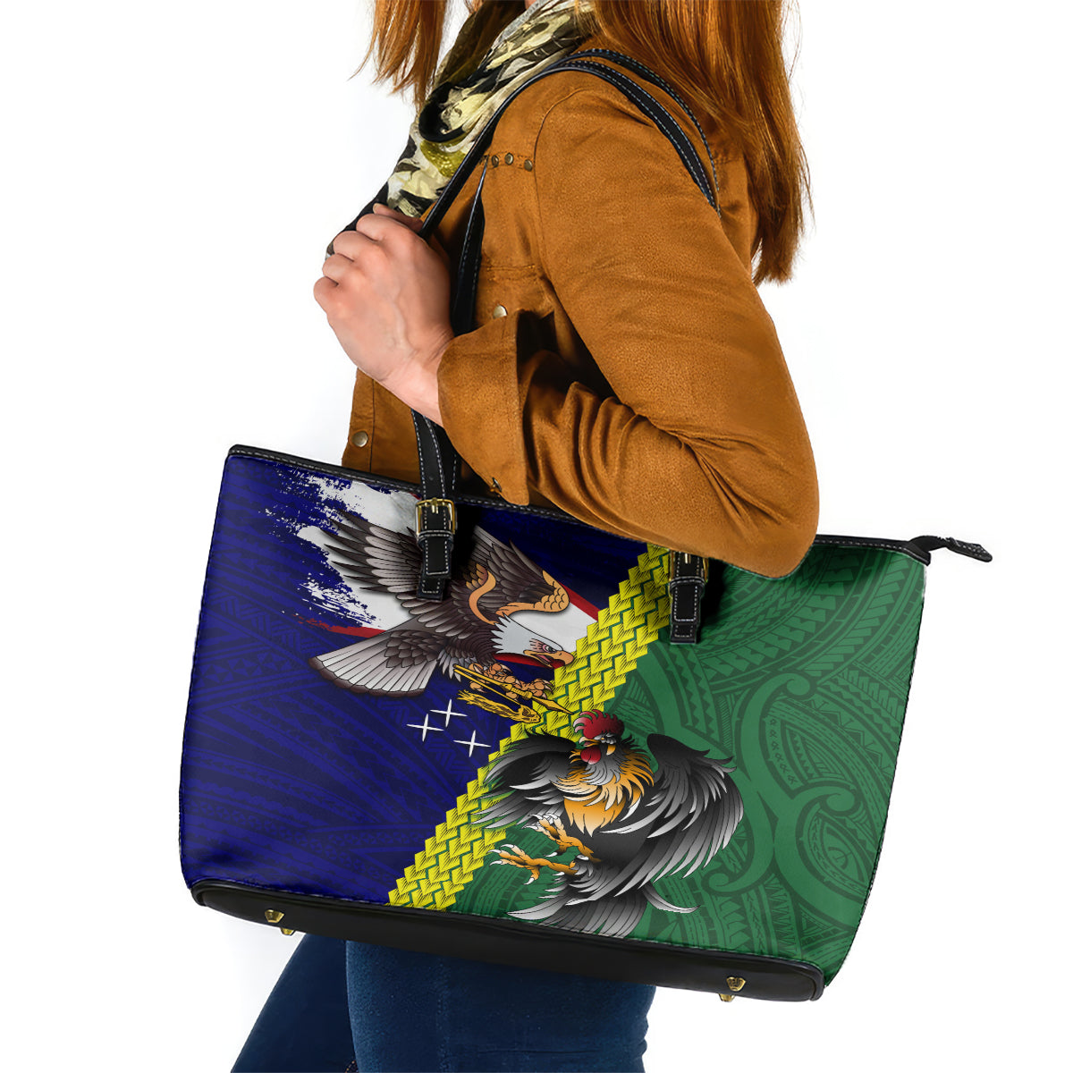 Manu'a Island and American Samoa Leather Tote Bag Rooster and Eagle Mascot LT03 Green - Polynesian Pride