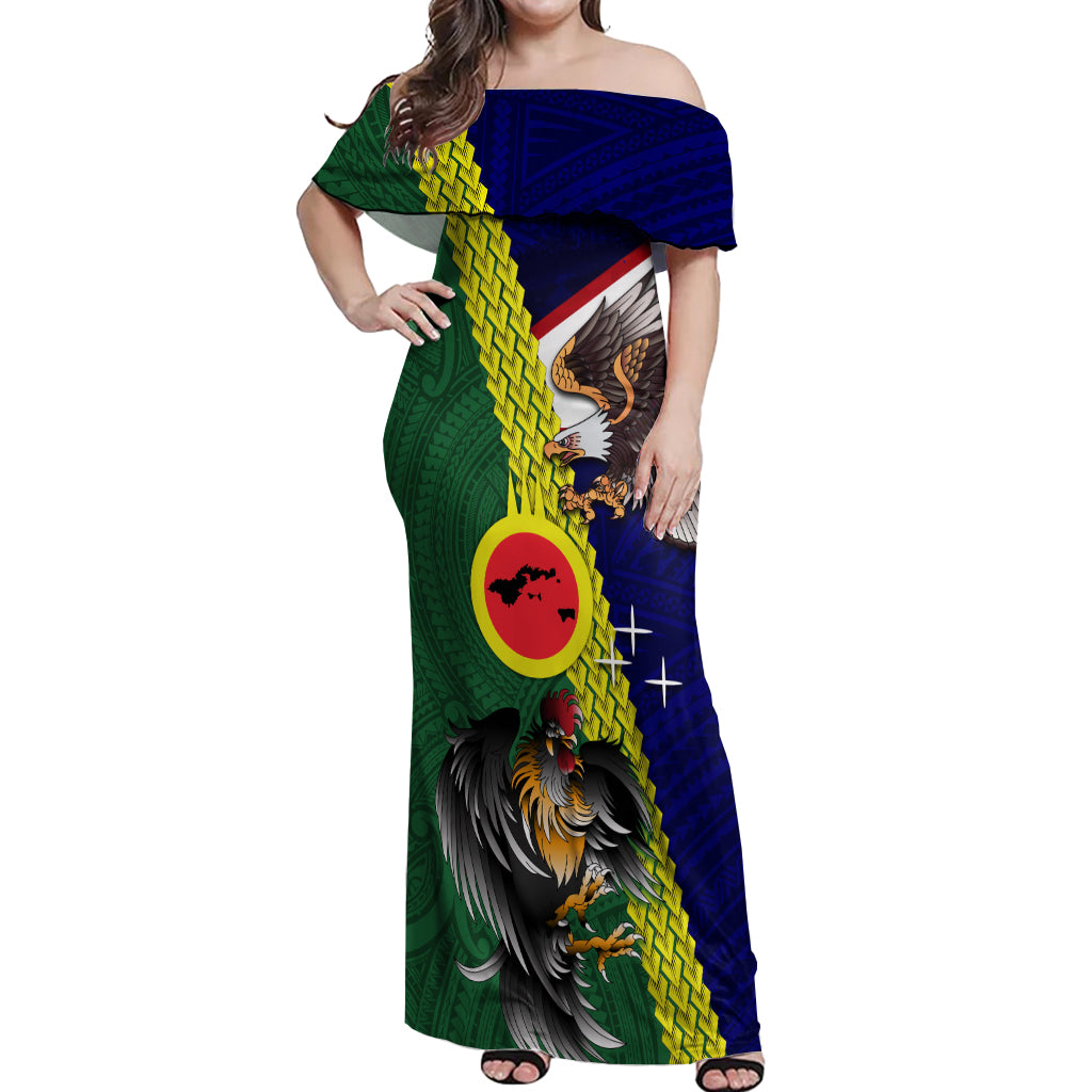 Manu'a Island and American Samoa Off Shoulder Maxi Dress Rooster and Eagle Mascot LT03 Women Green - Polynesian Pride