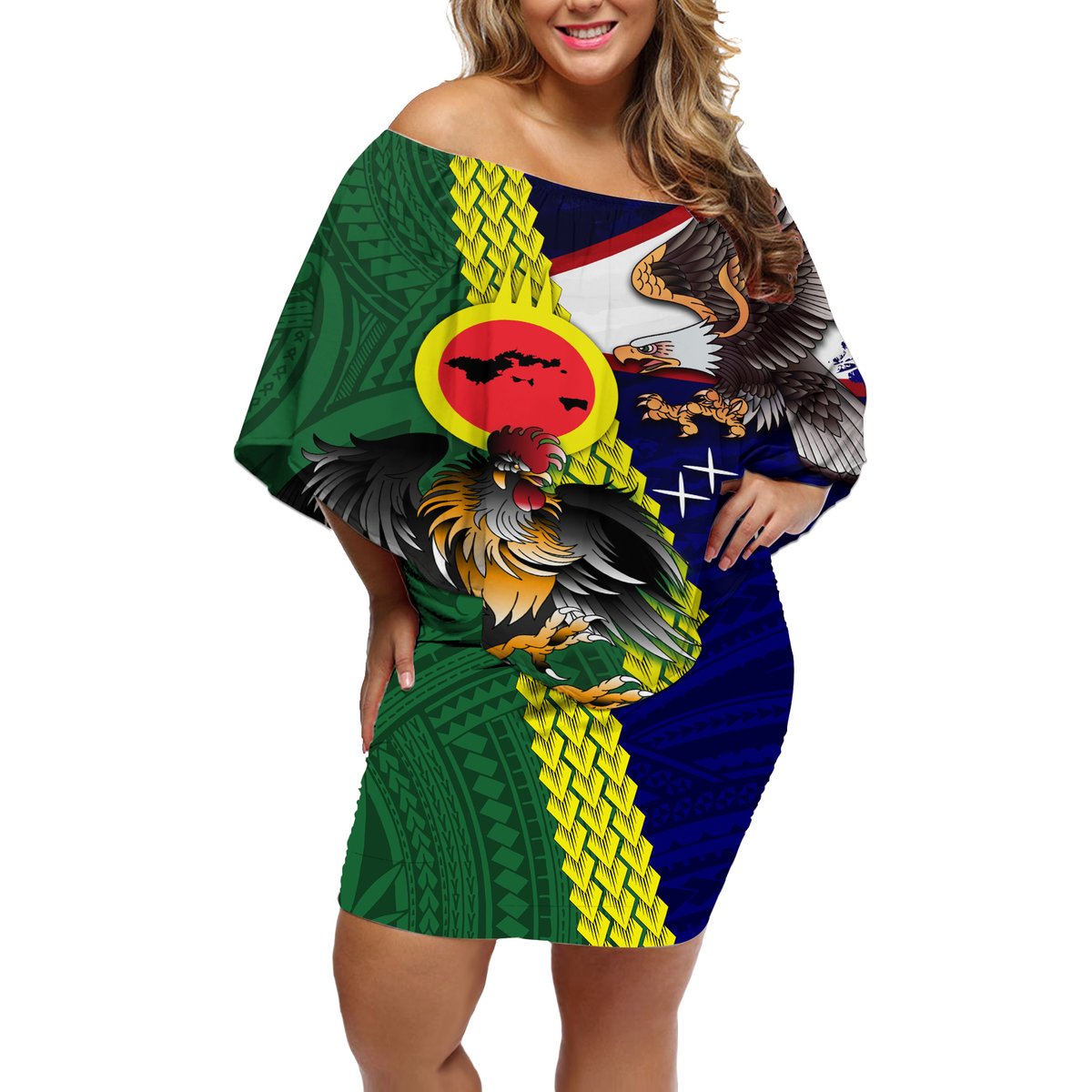 Manu'a Island and American Samoa Off Shoulder Short Dress Rooster and Eagle Mascot LT03 Women Green - Polynesian Pride