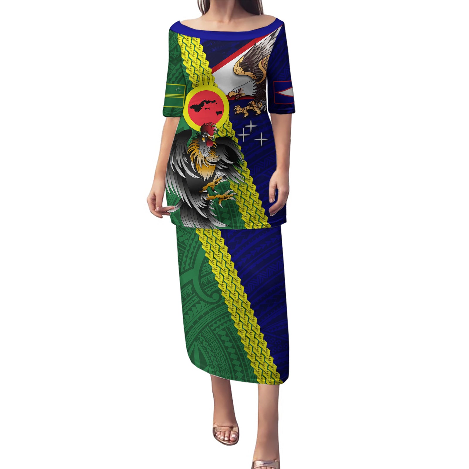 Manu'a Island and American Samoa Puletasi Rooster and Eagle Mascot LT03 Long Dress Green - Polynesian Pride