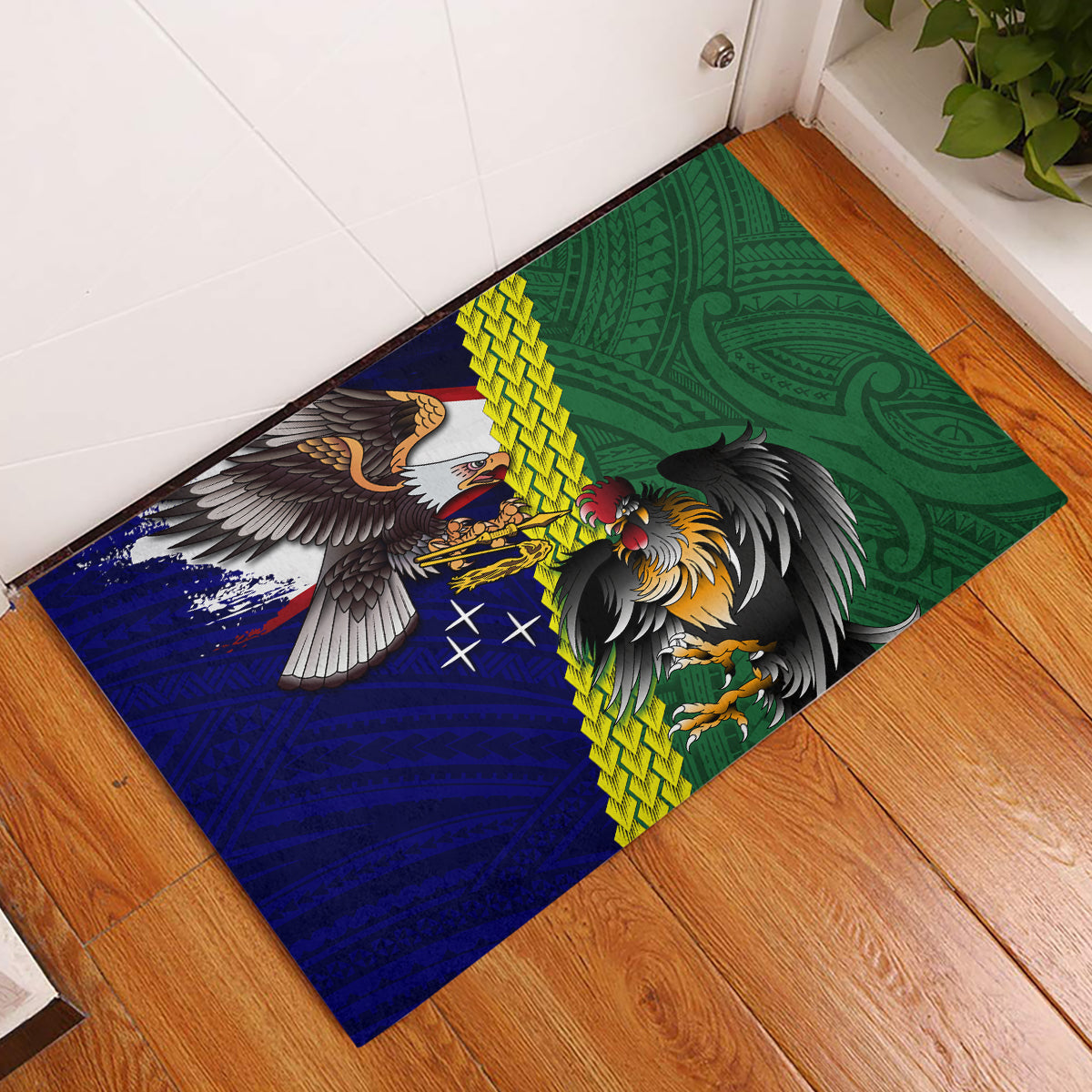 Manu'a Island and American Samoa Rubber Doormat Rooster and Eagle Mascot LT03 Green - Polynesian Pride