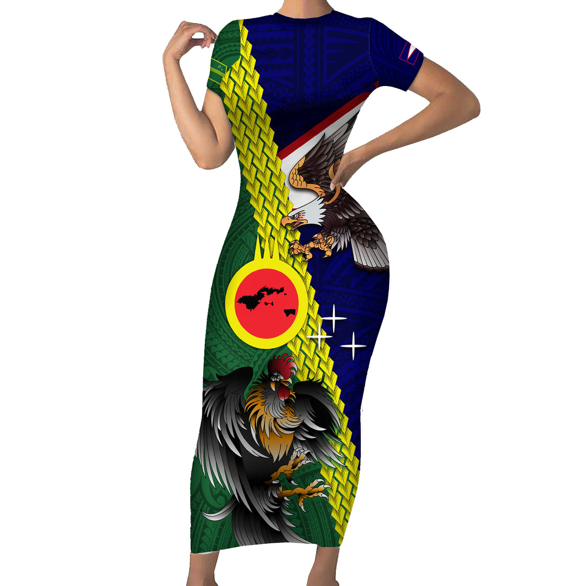 Manu'a Island and American Samoa Short Sleeve Bodycon Dress Rooster and Eagle Mascot