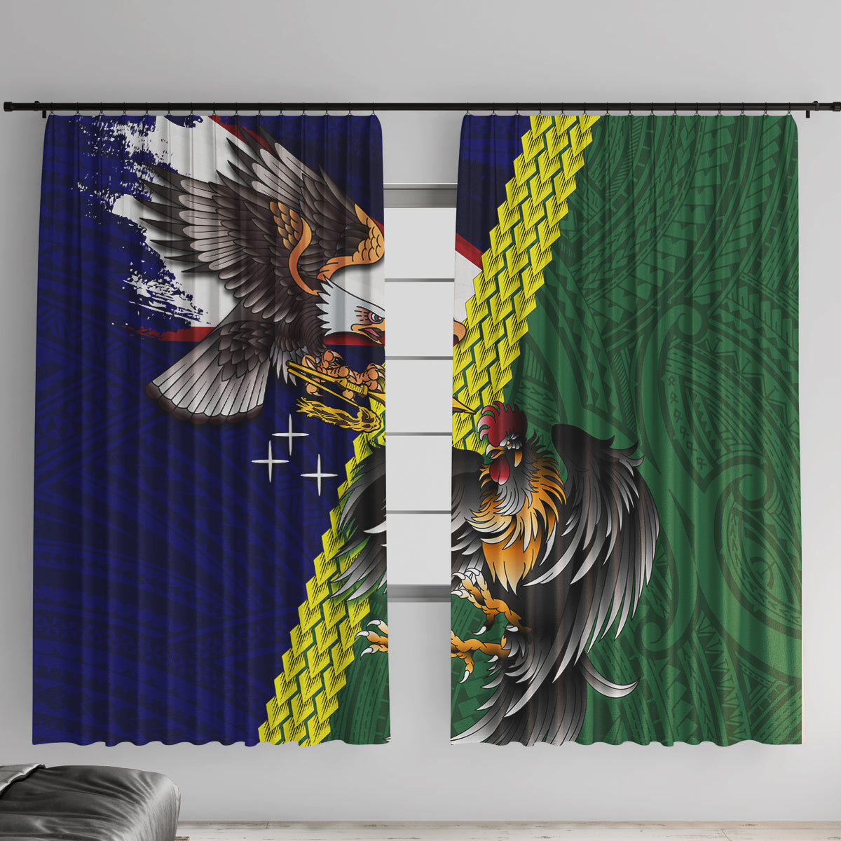 Manu'a Island and American Samoa Window Curtain Rooster and Eagle Mascot LT03 With Hooks Green - Polynesian Pride
