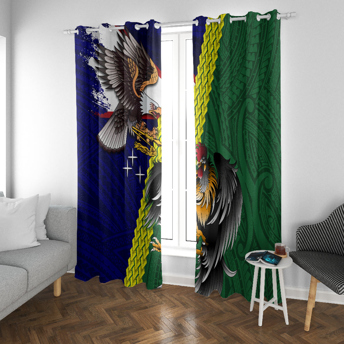Manu'a Island and American Samoa Window Curtain Rooster and Eagle Mascot LT03 With Grommets Green - Polynesian Pride