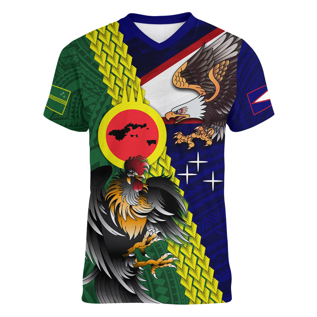 Manu'a Island and American Samoa Women V-Neck T-Shirt Rooster and Eagle Mascot