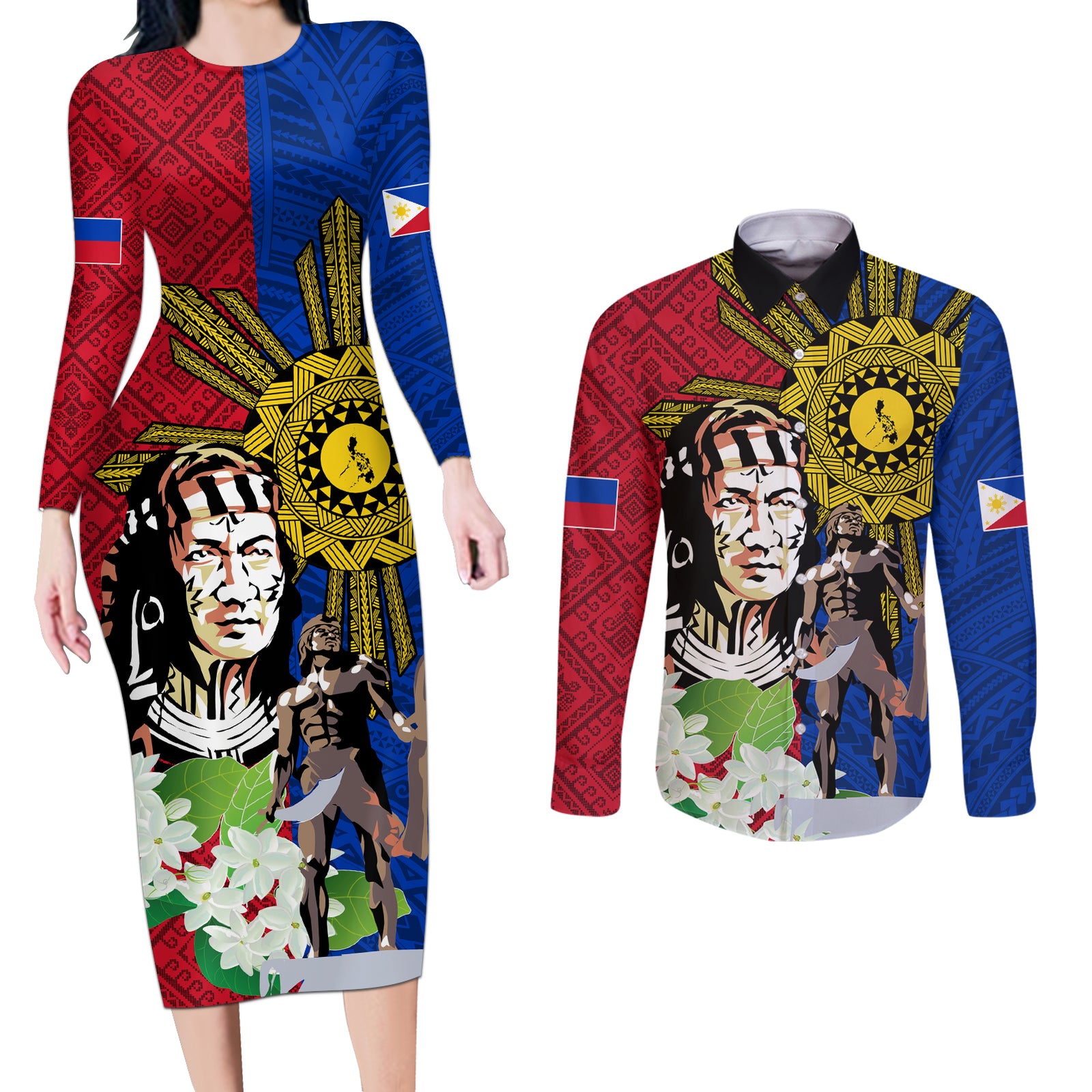Philippines Lapu-Lapu Couples Matching Long Sleeve Bodycon Dress and Long Sleeve Button Shirt Filipino Sun Tattoo With Yakan Pattern