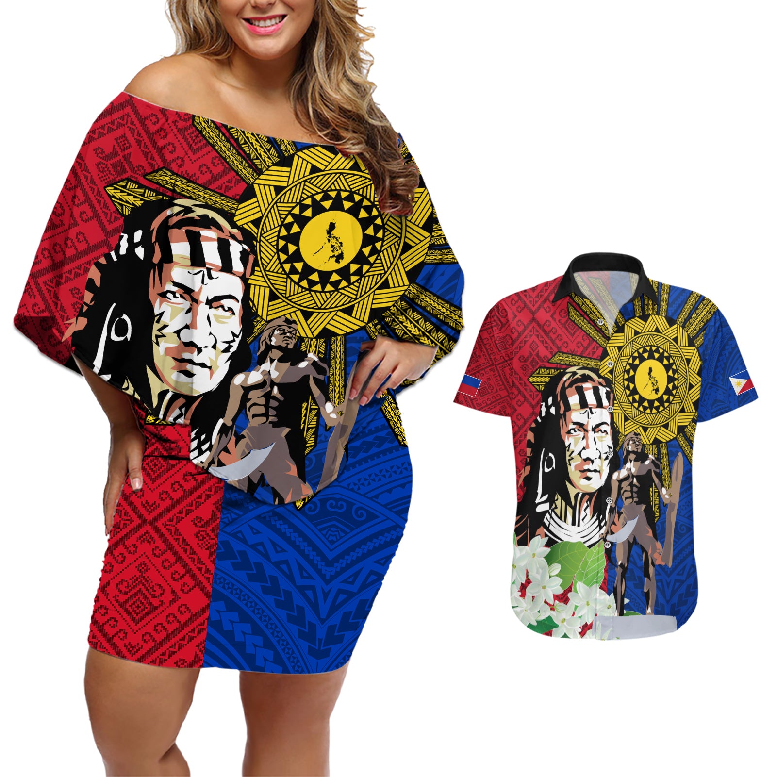 Philippines Lapu-Lapu Couples Matching Off Shoulder Short Dress and Hawaiian Shirt Filipino Sun Tattoo With Yakan Pattern