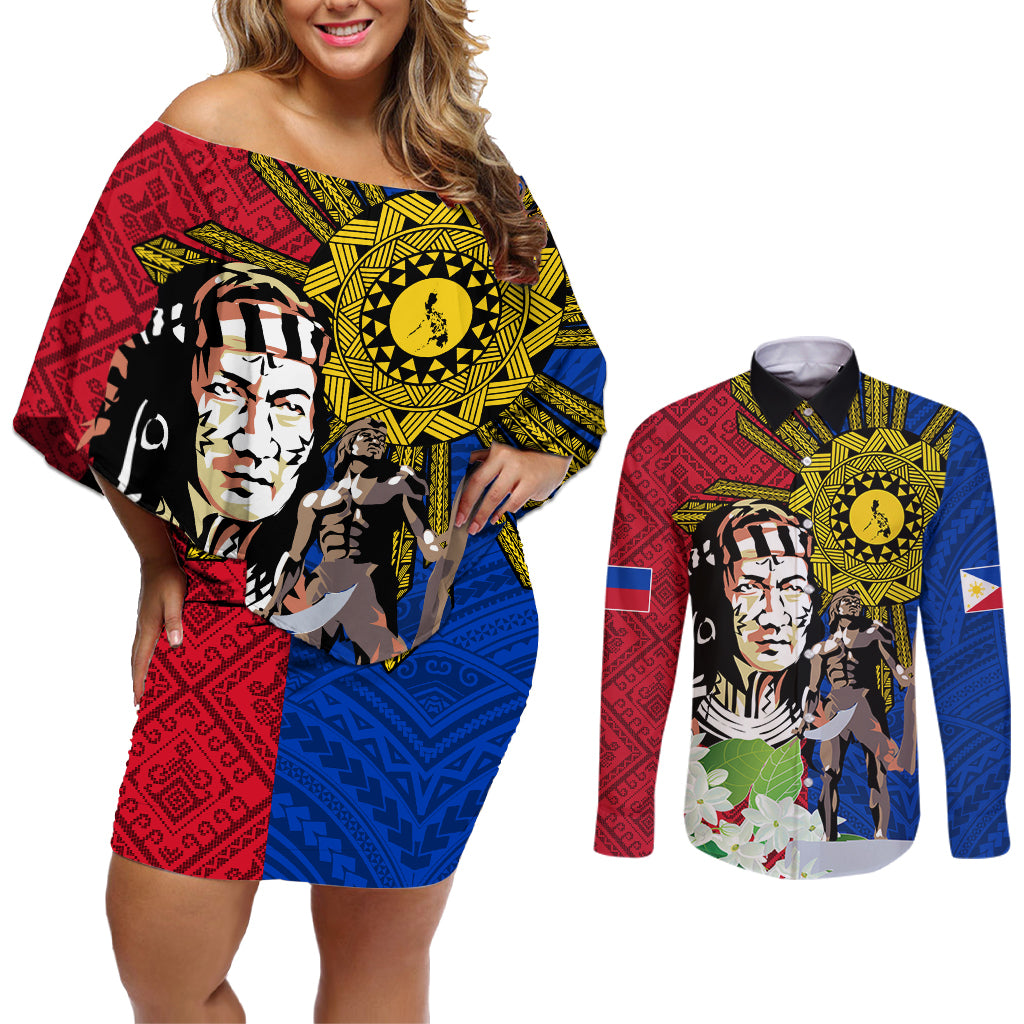 Philippines Lapu-Lapu Couples Matching Off Shoulder Short Dress and Long Sleeve Button Shirt Filipino Sun Tattoo With Yakan Pattern