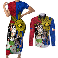 Philippines Lapu-Lapu Couples Matching Short Sleeve Bodycon Dress and Long Sleeve Button Shirt Filipino Sun Tattoo With Yakan Pattern