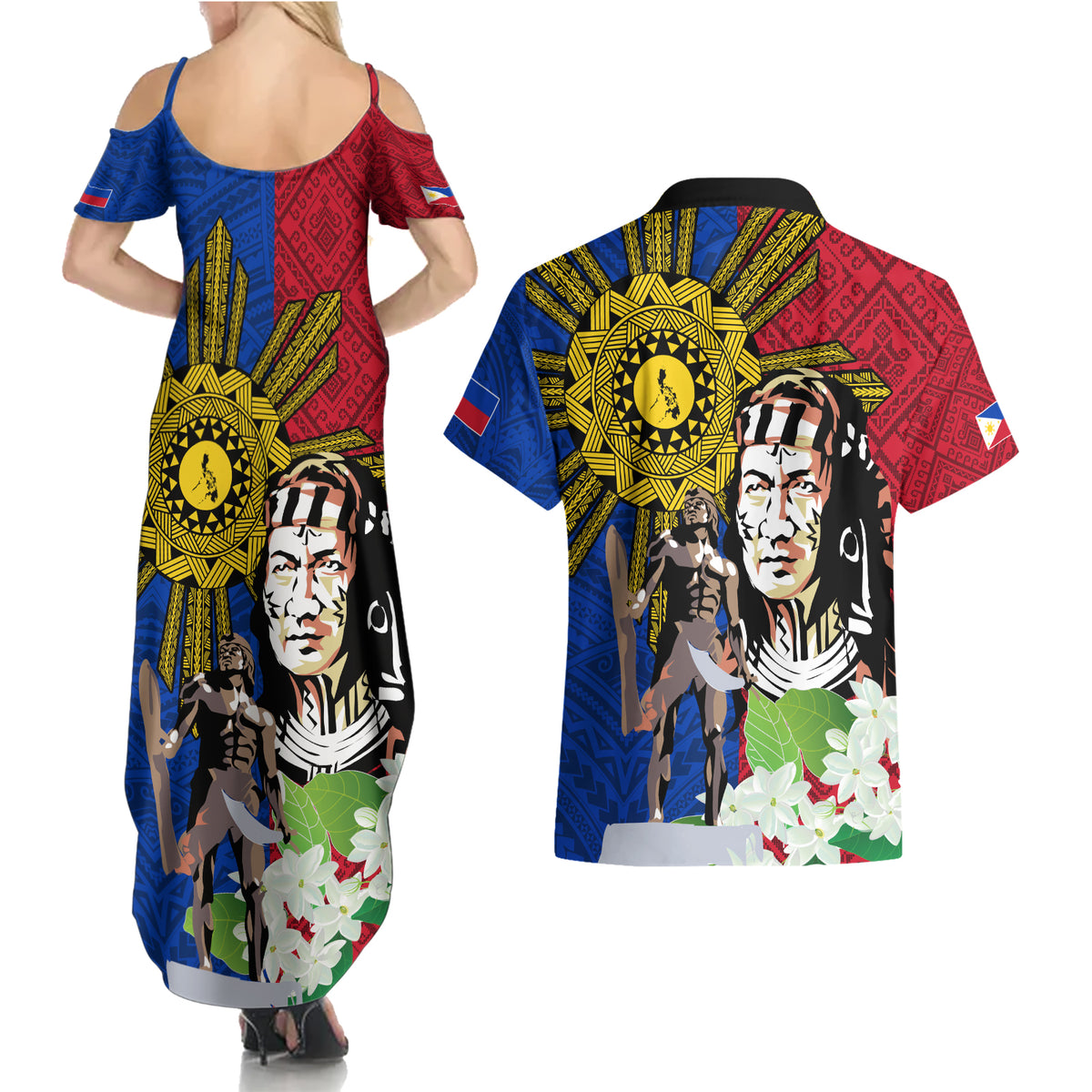 Philippines Lapu-Lapu Couples Matching Summer Maxi Dress and Hawaiian Shirt Filipino Sun Tattoo With Yakan Pattern