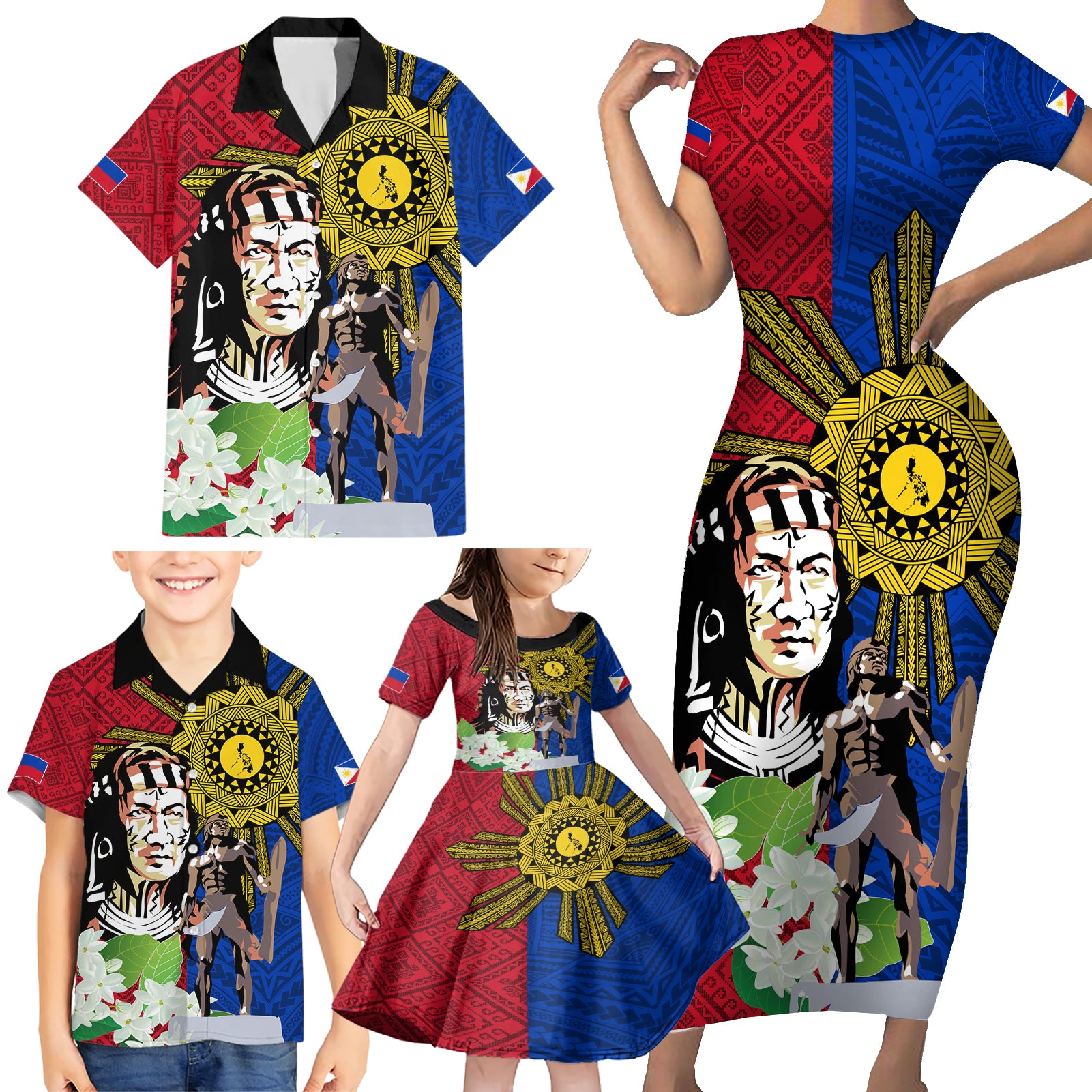 Philippines Lapu-Lapu Family Matching Short Sleeve Bodycon Dress and Hawaiian Shirt Filipino Sun Tattoo With Yakan Pattern