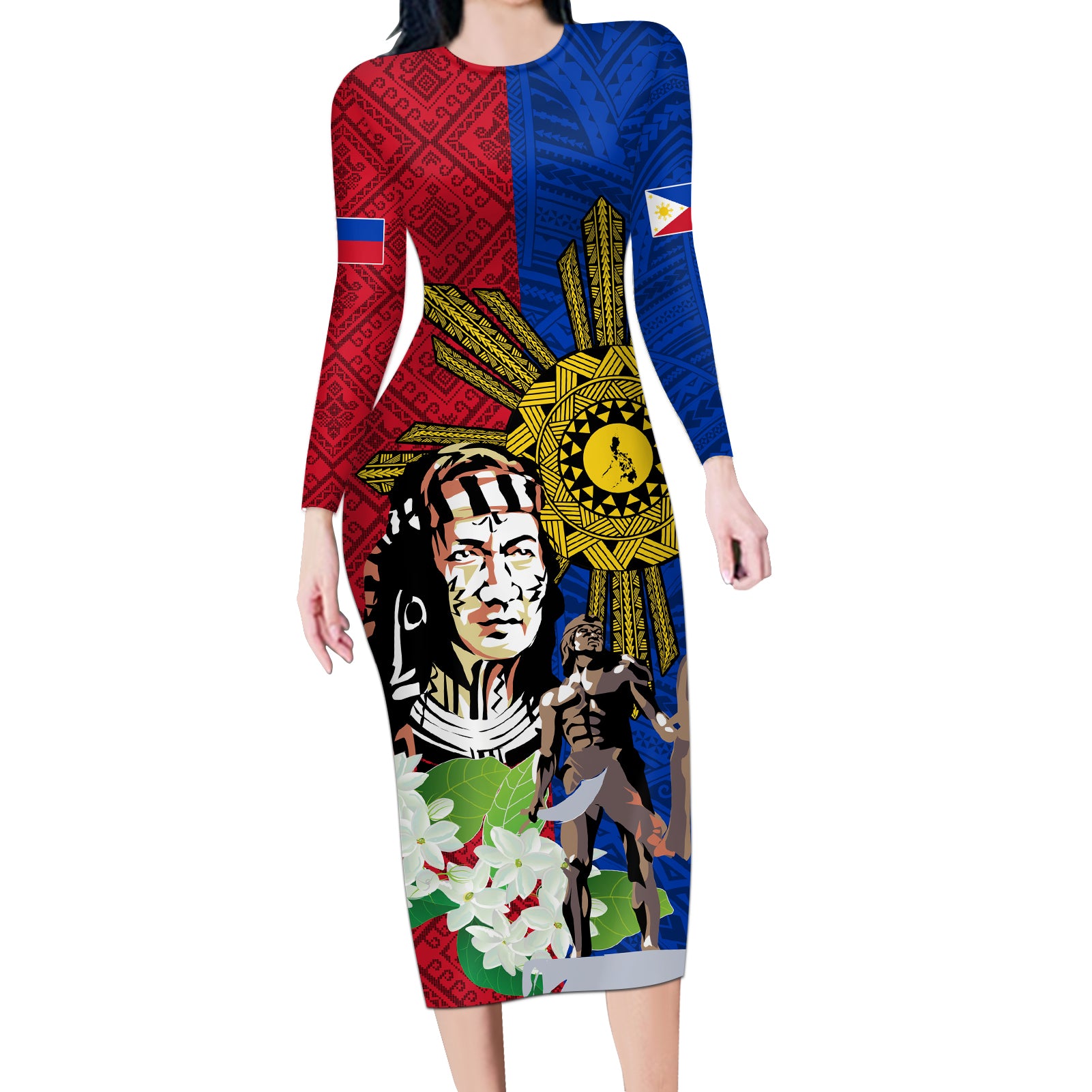 Philippines Lapu-Lapu Long Sleeve Bodycon Dress Filipino Sun Tattoo With Yakan Pattern