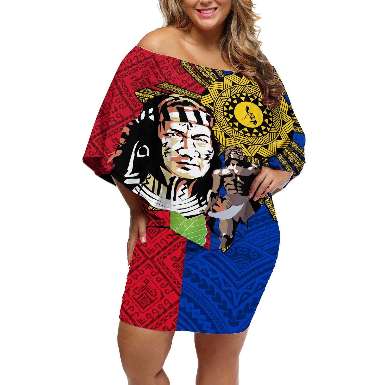 Philippines Lapu-Lapu Off Shoulder Short Dress Filipino Sun Tattoo With Yakan Pattern