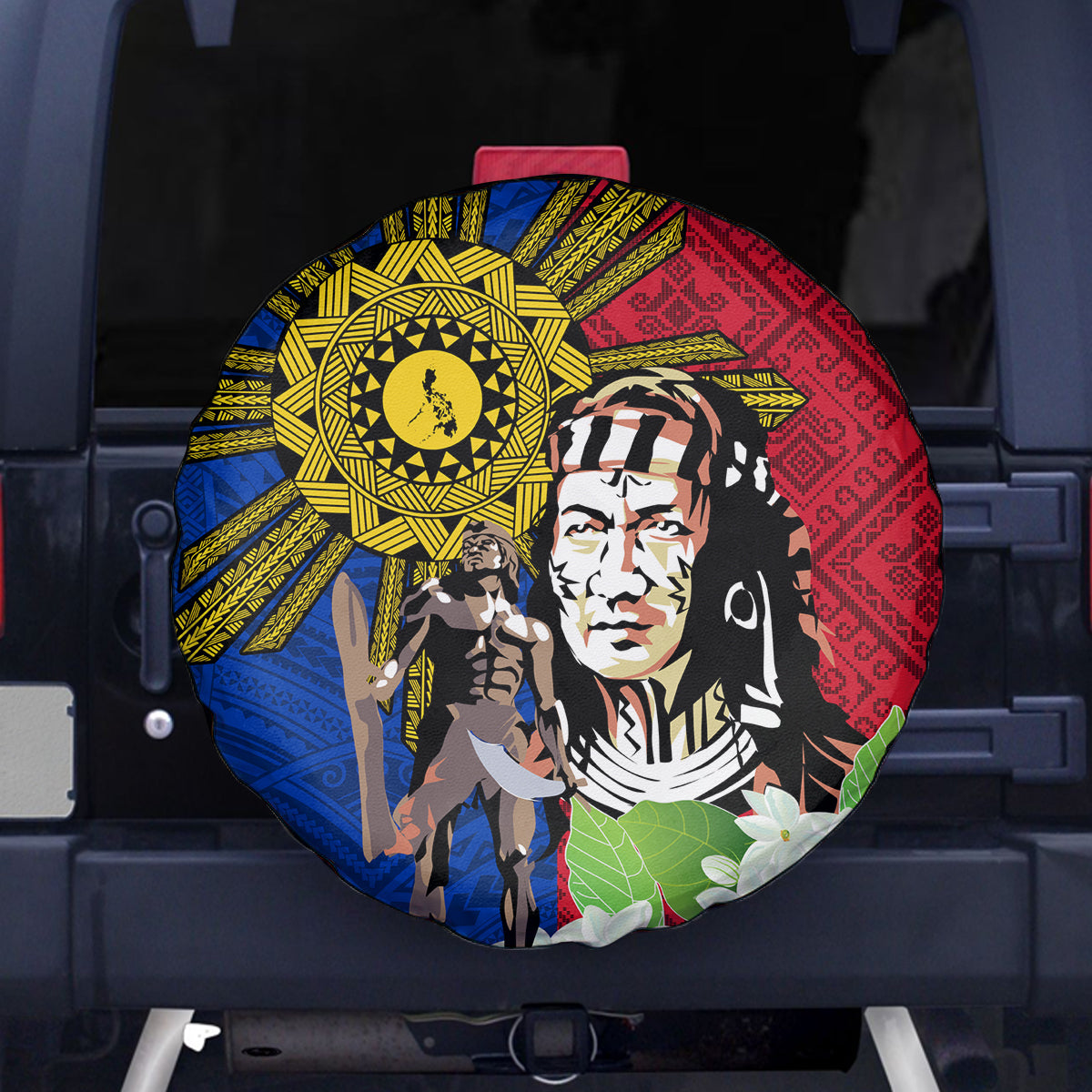 Philippines Lapu-Lapu Spare Tire Cover Filipino Sun Tattoo With Yakan Pattern